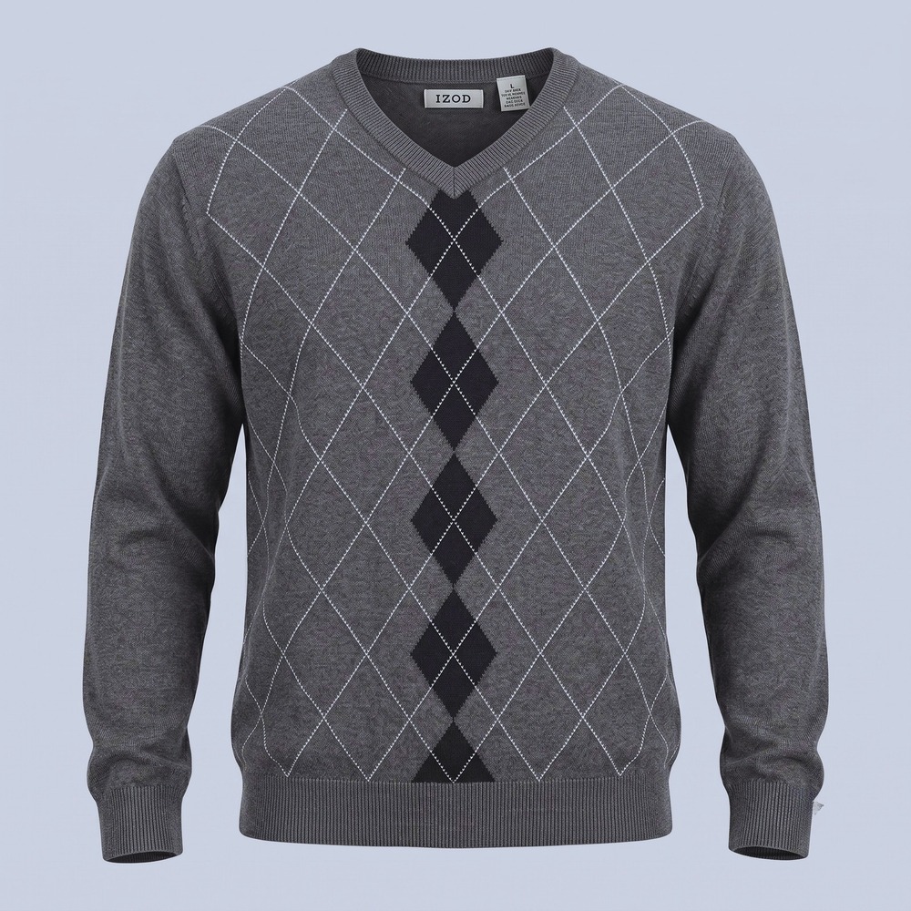 IZOD Sweater Mens XL Gray Argyle V-Neck 100% Cotton Pullover‎ Classic Knit L/S